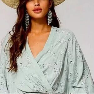 Young Fabulous & Broke Tia Eyelet Tie Dye Faux Wrap Top In Aqua Wash sz Small